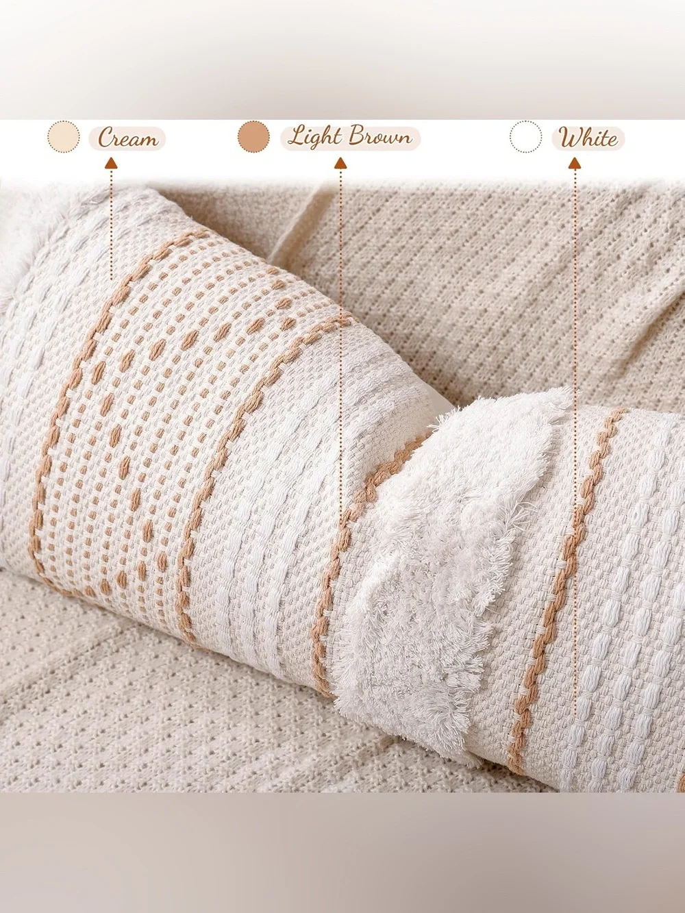 14 x 36 Lumbar Pillow Cover, Boho Tufted Decorative, Cream Beige